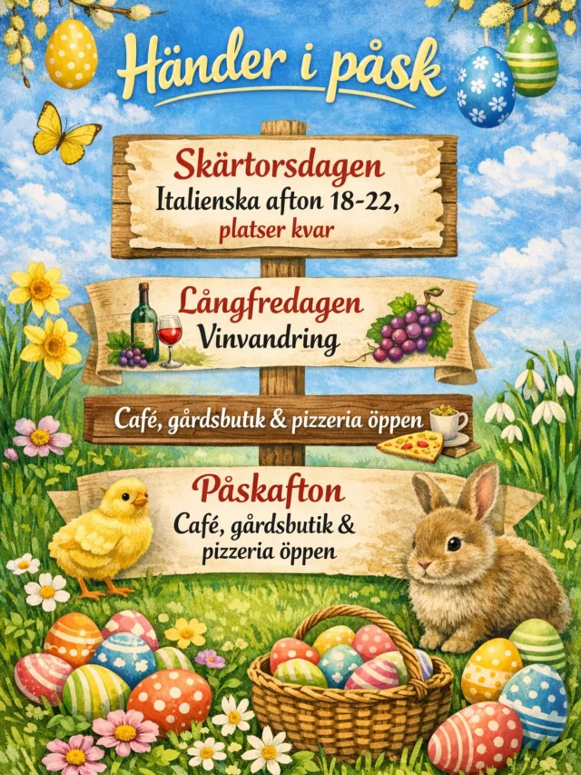 Nedan ser ni mer info!! 
LÅNGFREDAG 
Vinvandring start kl. 11 bokas på pizzerian@hallandsbar.se
Café 10-17 våfflor till servering (ej bärbuffe)
Pizzeria 11.30-15 
Gårdsbutik 10-17 
PÅSKAFTON 
Café våfflor till servering (ej bärbuffe) 10-15 
Gårdsbutik 10-15 
Pizzeria 11.30- 15 

VÄLKOMNA 🐣